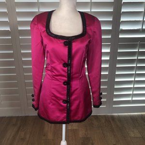 Vtg Hot Pink Satin Top Jacket Womens Formal M/L Beaded Trim Glam Sexy Power 80s